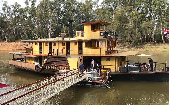 Emmy Lou Paddle Steamer docked and taking passengers